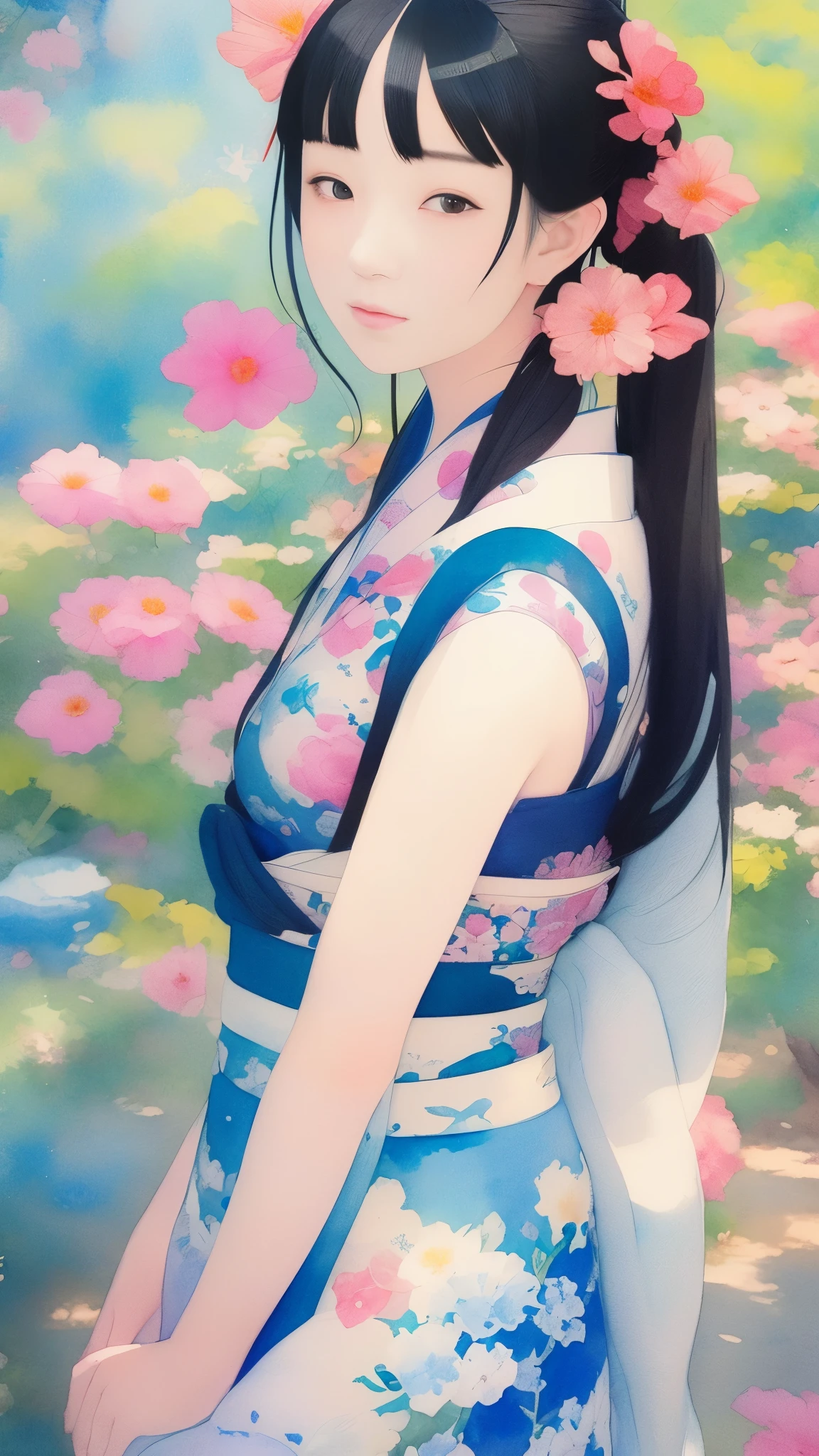 Beautiful adult woman, 22 years old、Watercolor、An illustration、Blue mandala flower、A woman who captivates。Passionate color palette、Calm appearance、Dynamic pose、from the front、Close-up of face、kimono、clear、Black Hair、Pigtails、Twin tails、Japanese、Upper Body、Masterpiece、Highest quality
