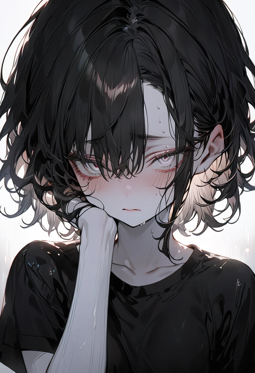 masterpiece, dashed eyes ,best quality, ((pure white background)), permanent, slim,albino, black hair,eyelashes, black eyebrows, cold face, White skin, Black T-shirt, {sad expression,},Light effect, soft, super clear, HD images, (front)