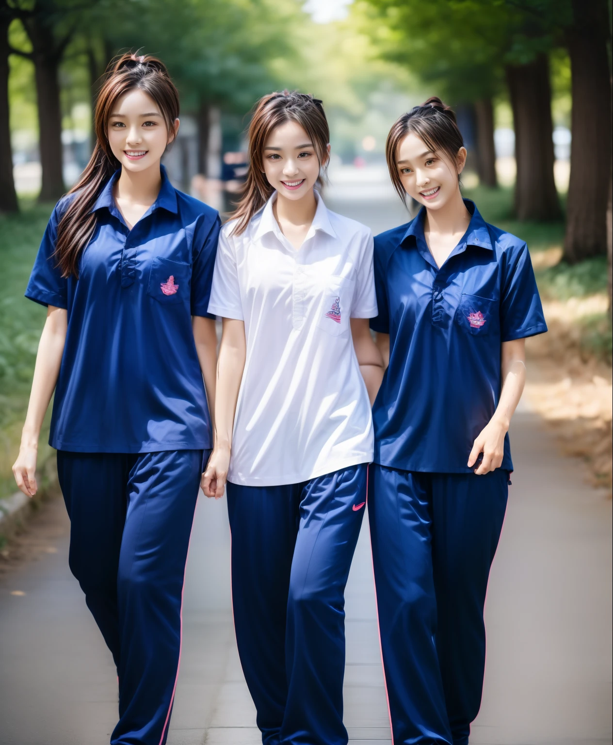 3 girls jogging in sport club, Navy blue short-sleeved shirt,Navy Long Trackpant,Sweatpants, Sweatpantsขายาว,25 year old girl, lesbian, sexy, exercise clothes, wet body, exercise clothes