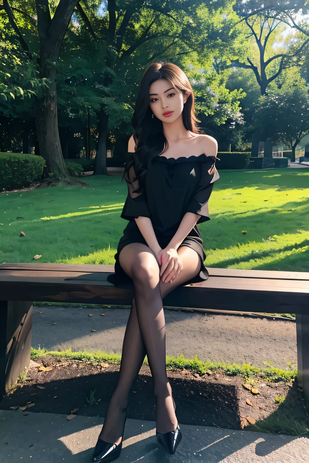 Armpit Hair、Show both sides、High heels（Black）、pantyhose（Black）、garter belt（Black）、Big Breasts、Long Hair（Black、straight）、Squat、Leg spread、Married Woman、first round、Voluptuous、Puddle、Outdoor、garden、Cherry Blossom Viewing、cherry blossoms