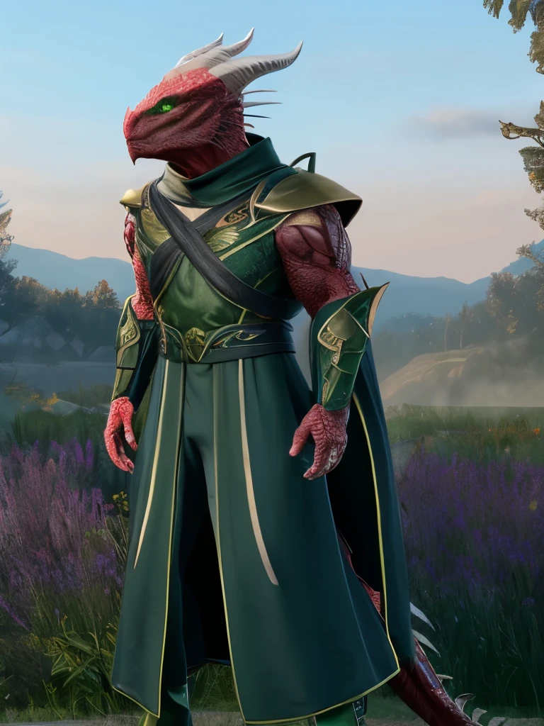 dragonborn \(dnd\), (red body), green eyes, male, (fines), plate armor, yellow cape, field, exterior, Detailed scale, realist, Intricate, ultra realist
