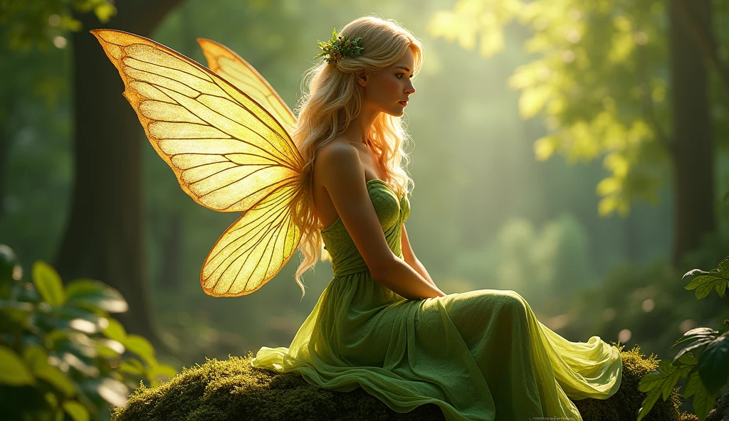 Blonde woman in a green dress sitting on a rock with fairy wings, photorealistic disney, Tinker Bell, daz studio genesis one ultra hd, realistic disney photo, hyperrealistic fantasy art, daz studio genesis one, Daz3d Genesis 1 shaders, ross tran 8k, elf beauty, Fairy Queen, realistic fantasy rendering