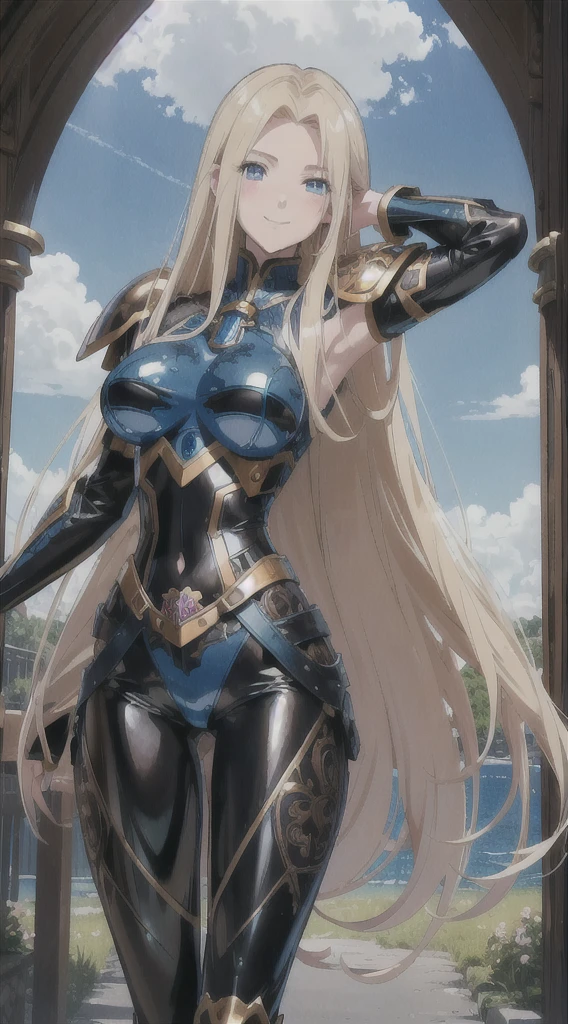 (8k, raw photo, Best Quality, maestro:1.2), (anime photo-anime:1.37), ultra detailed, 1 girl, Beautiful, Alone, Gorgeous detailed blue sky with fluffy clouds, (blush), (whole body: 1.1), (smile: 1.1), (shut up), big breasts, Beautiful and delicate blue eyes, (Tight blue armor with intricate engravings of leaves and flowers : 1.1), Golden metal pieces covering her shoulders and arms, Dark brown leather belt with metal buckles, tight leather pants, Brown leather boots, A cross adorns her chest, (long blonde hair: 1.2), flowing hair, high contrast, Proporciones de whole body, (astride, stretch the legs, thin legs), Chest closeup, full color