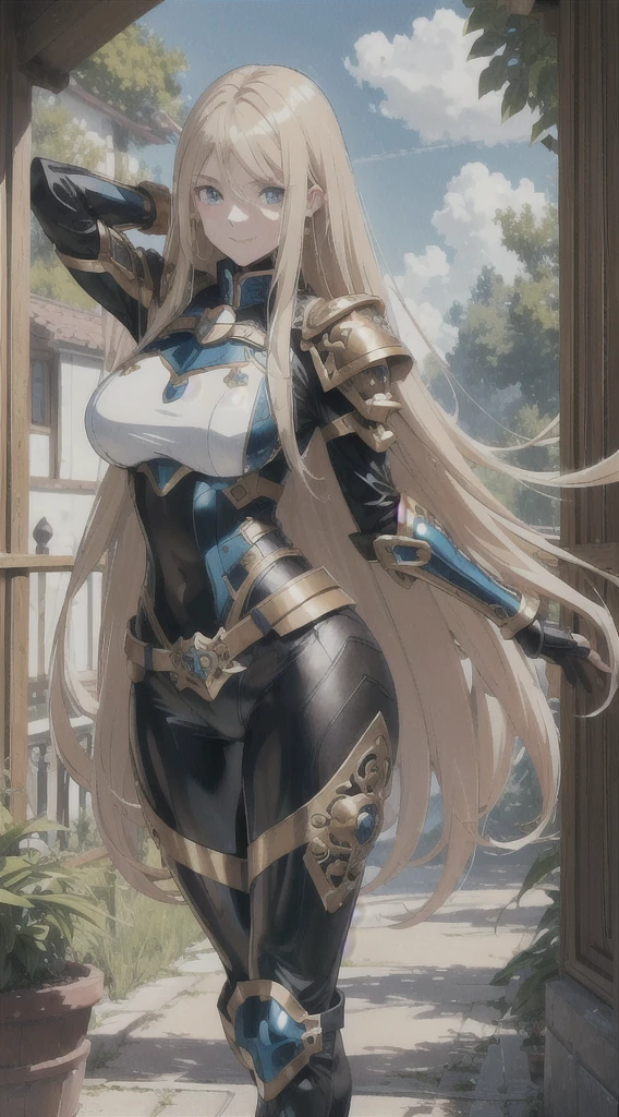 (8k, raw photo, Best Quality, maestro:1.2), (anime photo-anime:1.37), ultra detailed, 1 girl, Beautiful, Alone, Gorgeous detailed blue sky with fluffy clouds, (blush), (whole body: 1.1), (smile: 1.1), (shut up), big breasts, Beautiful and delicate blue eyes, (Tight blue armor with intricate engravings of leaves and flowers : 1.1), Golden metal pieces covering her shoulders and arms, Dark brown leather belt with metal buckles, tight leather pants, Brown leather boots, A cross adorns her chest, (long blonde hair: 1.2), flowing hair, high contrast, Proporciones de whole body, (astride, stretch the legs, thin legs), Chest closeup, full color