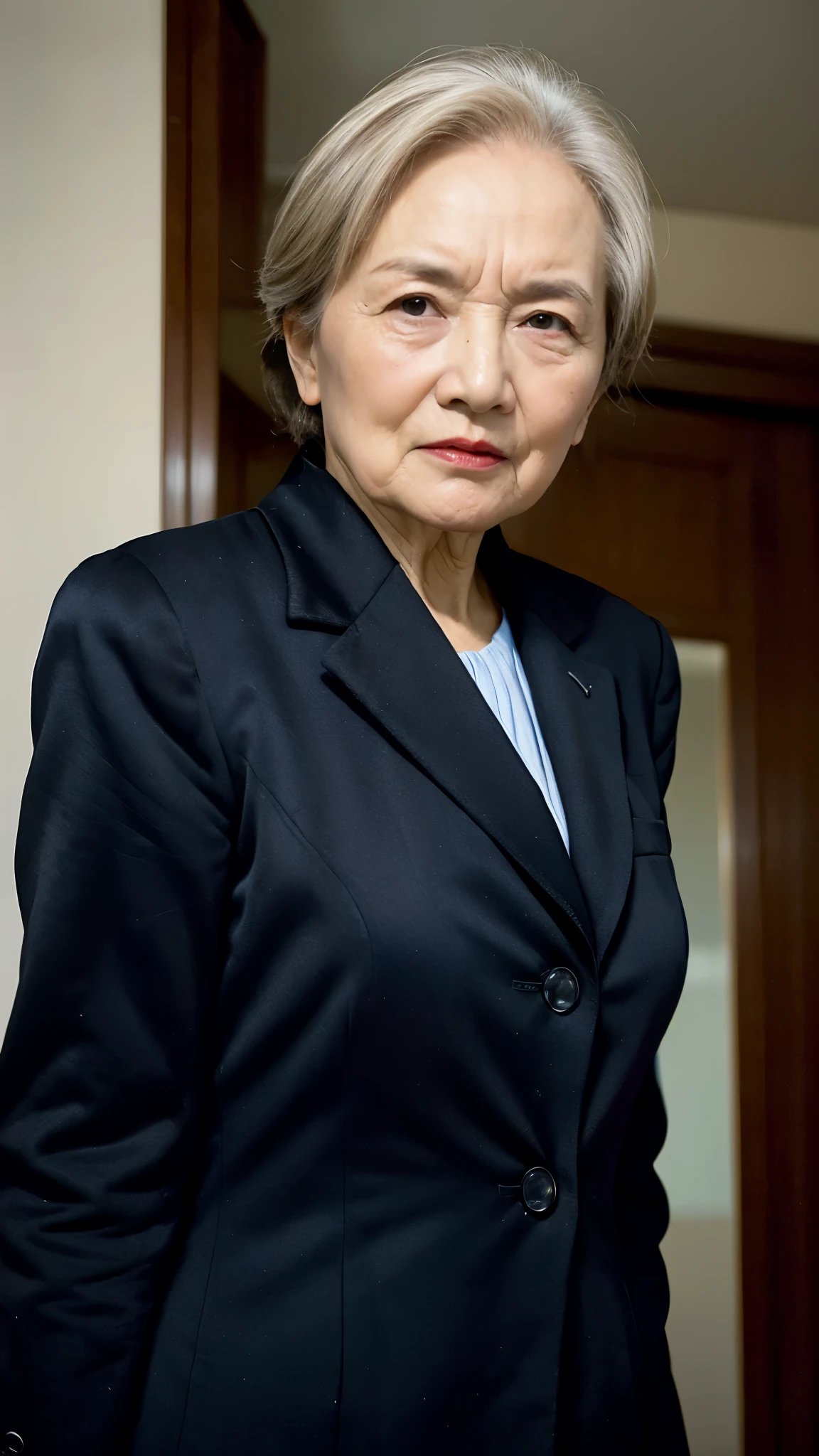 masterpiece, ((Great Focus)), 32K, Beautiful finish, Beautiful mature woman, 90-year-old woman, Photo of your ID, Cool look, Red lips, Thin lips, suit, round 1, Light from the front,