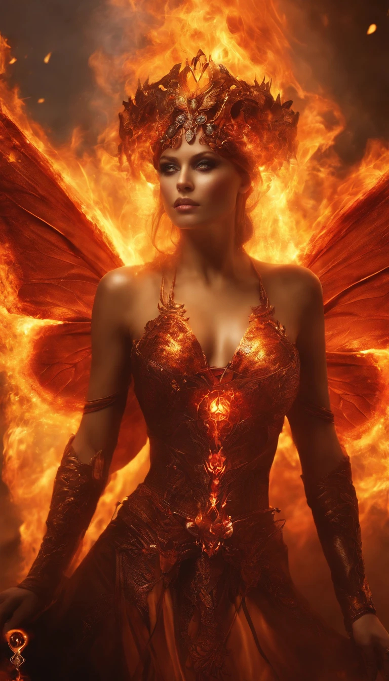 an image of a lady with fire coming out of her body, the butterfly goddess of fire, appears as the fire goddess, fire elemental, lava and fire goddess, evil steampunk pyromancer woman, cybernetic flame armor, goddess of fire, the fire goddess, an concept art of the tau queen, the fire queen, of a beautiful female warframe