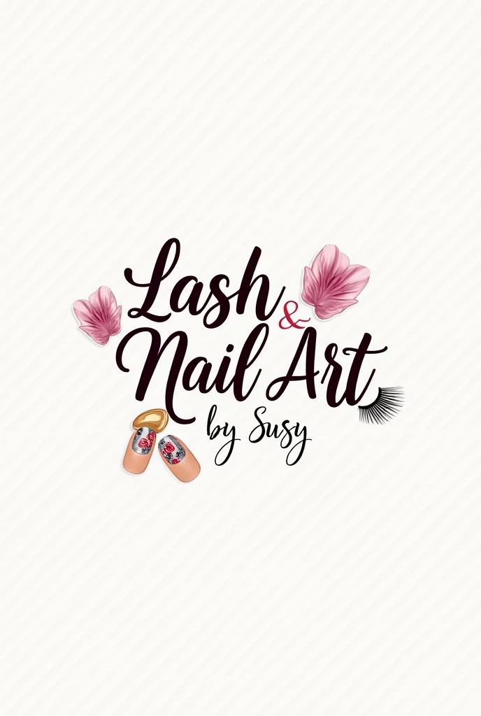 A logo that has the title Lash & Nail Art and below by Susy, with related images: eyebrows, nails and eyelashes