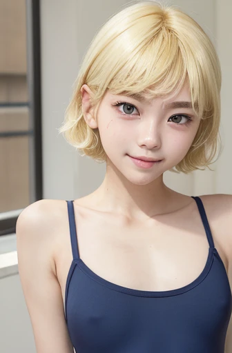((cowboyshot:1.3)),armpits,Create a photo of a korean Asian ager,((beautiful cute idol girl:1.5)), ((blonde hair:1.5)),13yorow eyes:1.5,slim face,slim neck,((thinbody：1.5)),white tite tanktop,((rasping)),((frat chest)),((clavicle)),((ribs)),((Narrow eyes：1.5))、((Narrow eyes：1.5))、(Thin arms)、(Thin neck)、（Thin lips）、Smile、Beautiful armpits：1.5,Sticking out a long tongue、Open your mouth、Cute expression、Hairless、((slimarms:1.5)),small face:1.4,(Navy blue new school swimsuit：1.5）,