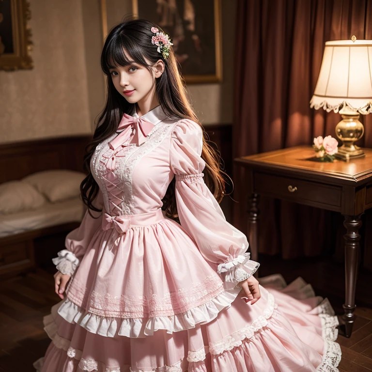 Side view,side angle, Bow tie at the back of the waist, There is a bow on the back,Sideways photo, Skirt length to calf, cupcake dress, Layered skirt with lace on each layer, Put on a lolita dress, layered dress, Pink Lolita dress, lots of lace, Long sleeve, Wide sleeves, Big Skirt, Layered lace skirt, Lace skirt,Puff sleeves, Wide sleeves, Transparent sleeves, intricate details showcase the ruffles and intricate designs of the Lolita dress, Wearing a lolita dress, in a sea of flowers, best quality, Delicate face,beautiful visual work, lifelike, eternity, black hair, Long curly hair, blunt bangs, Smile, Detailed Background, Delicate face,blush,cold,((masterpiece))、(top quality)、8k、high detail、Super detailed,41 years old,woman, masterpiece、born、Scenes resembling fairy tale illustrations、intricate details和複雜的設計、Beautifully、magic、capricious、 Beautifully、Dream aesthetics、「𝓡𝓸𝓶𝓪𝓷𝓽𝓲𝓬、ethereal、charming、fickle、magic」、realism、Visual effects、FXAA、SSAO、Shader、voiceless、ambient lighting、Tone mapping、High resolution、Ultra high quality、Million pixels、(8K resolution:1.10)、8k、8k以下、8K resolution、high detail、intricate details, (high quality:1.2、masterpiece:1.2、:1.21)、(41 years old,woman:1.21)、(興奮地Smile)、(Surrounded by a dreamy atmosphere、Model diagram,full-body shot,Normal 2 feet,Put your hands behind your back,Breast protrusion visible when wearing clothes, Large Breasts, H cup chest, pink dress, Don't show your fingers, full-body shot, full-body shot,full-body shot,full-body shot,full-body shot,full-body shot,full-body shot,full-body shot,Hands hidden in clothes, Hands hidden in clothes,Hands hidden in clothes,Hands hidden in clothes,Hands hidden in clothes,Hands hidden in clothes,Hands hidden in clothes,Hands hidden in clothes,Hands hidden in clothes, ,Hide your hands in your sleeves ,Hide your hands in your sleeves ,Hide your hands in your sleeves ,Hide your hands in your sleeves ,Hide your hands in your sleeves ,Hide your hands in your sleeves ,Hide your hands in your sleeves ,Hide your hands in your sleeves,skirt length to calf, full body photo,full body view,side view