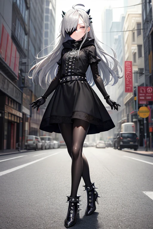 ((best quality)), ((masterpiece)), (detailed), 1 girl, Full body, 18 years old, Depressed face, silver eye, Arms behind waist, Eyes covered, Blushing, Silver hair, long hair, ahoge, Bangs, strand of hair covering her right eye, mask, Full body, very tall, very Small breasts, flat chest, Slim body, Grey hood, Metal spikes, Grey wristbands, Long black gloves with spikes, Grey goth outfit, Gothic ta, Grey dress with metal spikes, Metal emblem, Tight fitting, Black belt, Metal skin, Black pantyhose, Black shoes, Walking through the city, Metal spikes coming out of the road, City background, Anime