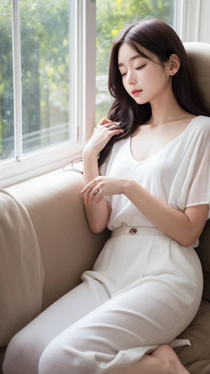 Girl in a dream.I have long, colorful hair.Wear white clothes.She is taking a nap.It's a rock band.Memos flying around.Top quality illustrations.What a beautiful illustration!.Very colorful.Big eyes,smile、Viewer Perspective