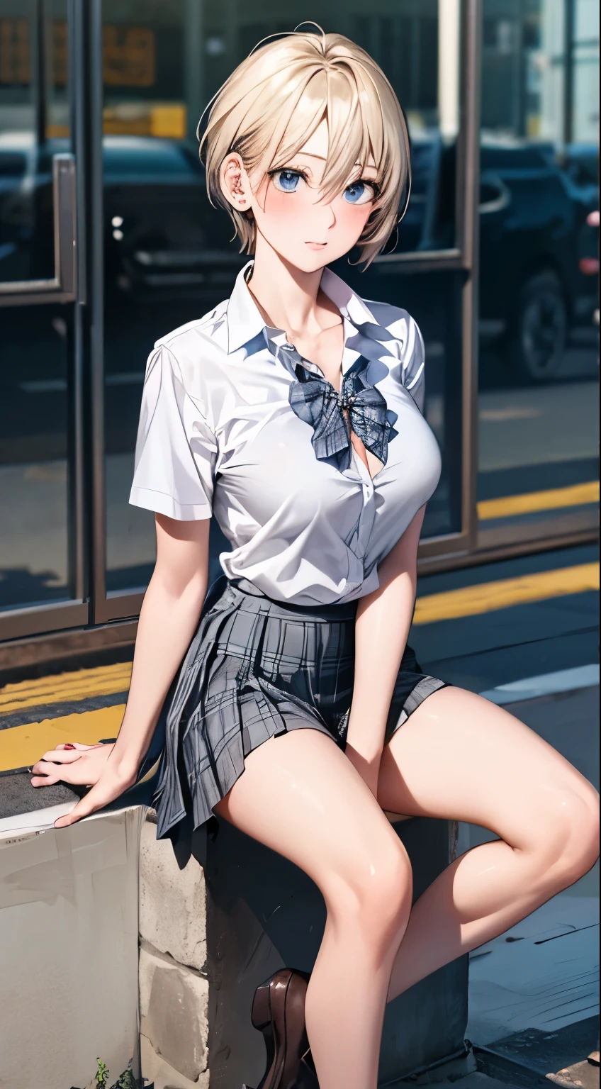 8K, 超A high resolution, Best Quality, masutepiece、超A high resolution、top-quality、 (quite massive chest、cleavage of the breast、Shiny buttocks、Bend your knees、Open your legs wide to the sides:1.25)(hi-school girl、White cutter shirt、Plaid pleated mini skirt:1.3)、(Sit on the ground of the tree-lined avenue of Omotesando:1.2)、(a japanese girl、Blonde long hair、Big dark eyes、long lashes、shinny skin、Quite tanned skin:1.3)espadrilles