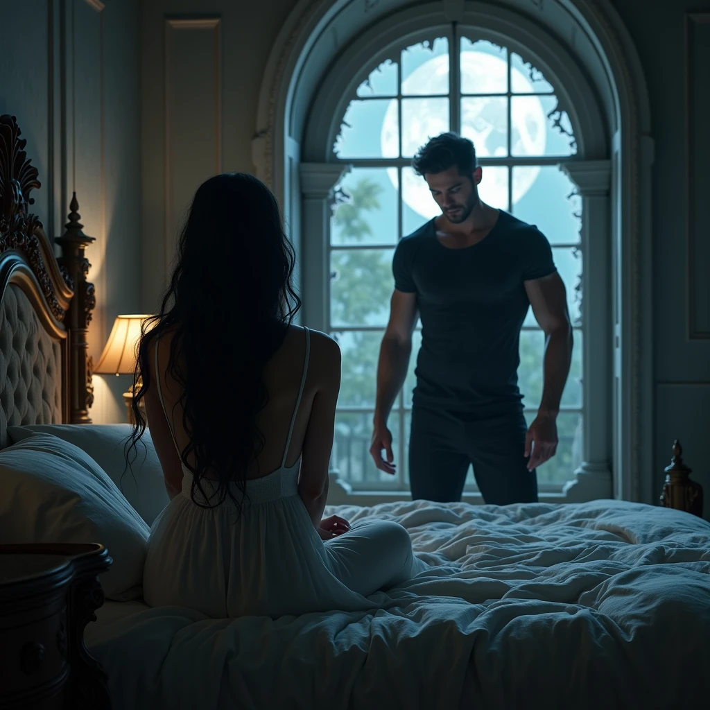 a beautiful woman with black hair, wearing a simple gray nightgown, Sitting in front of her vanity, in the background, her large bed and a large window on the balcony can be seen, the window glass is broken while a strong man with jet-black hair enters., He is wearing a black t-shirt and black pants, ENTERING THROUGH THE BROKEN WINDOW. Digital art. wide image, The entire room is observed at night.... animated art ((He enters through the large broken window, broken glasses))