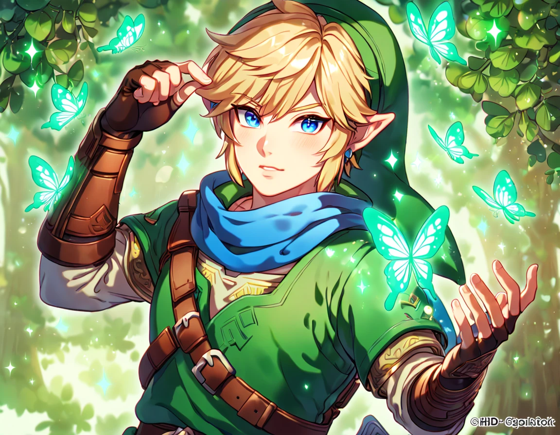 absurdres, highres, ultra detailed, HDR, master piece, best quality, extremely detailed, Link, blonde hair, expressive blue eyes, The Legend Of Zelda Hyrule Warriors, solo, sexy man, sensual, handsome, green tunic, green hat, brown gauntlets, blue scarf, under a green tree, fantasy, magical, glittering fireflies, green butterflies, green flames, glass magic, green leaves
