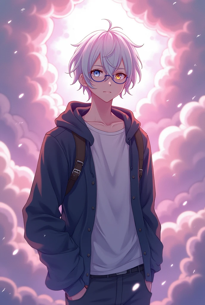 Young man with white hair and black tips and two-colored eyes and anime-style glasses