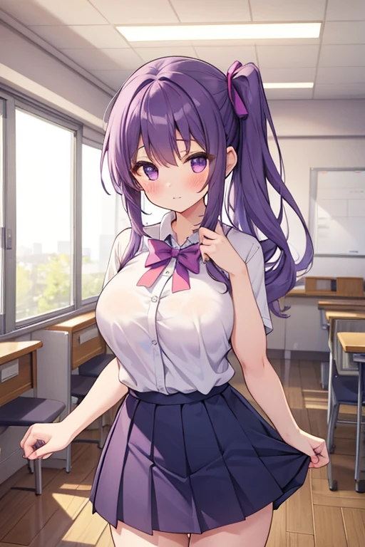 mastute piece,Best Quality,insanely detailed,8k cg,nsfw,
(shoot upper body:1.3),
(1girls:1.3),standing,looking at viewr,body in front,both arms behind back,(sailor onepiece-dress:1.3),(bare breasts),(bare nipples),
break,
blush,shy,(ecstasy face),(trembling:1.2),break,(light purple hair:1.2),
break,
perfect breasts,perfect teats,(open mouth:0.9),(large breasts:1.2),
(class room)、