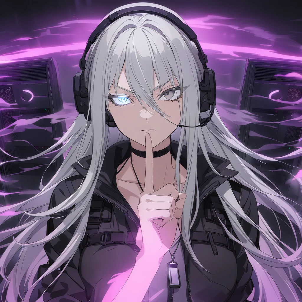 sovetsky_Soyuz, grey hair, long hair, tactical headset, choker, dog tag necklace, tactical, pouches, webbed belt, black tactical jacket, grey eyes, sharp eyes, Long eyelashes, eye shadow, ominous vibe, dark background, computer servers, shadows, smoke, expressionless, stoic, serious, glaring, Ultra quality, UHD, high detail, anime aesthetic, Anime screenshot, Ultra quality, UHD, high detail. Finger over lips, shushing, one eye glow, face shot, facing camera