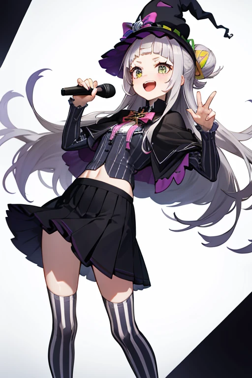 masterpiece, Highest quality, High resolution, Asion, One person, Long Hair, (Single hair bun:1.1), Short eyebrows, Small breasts, hair band, Witch Hat, Pink bow tie, Black capelet, pinstripe shirt, Long sleeve, abdomen, Black Skirt, mini skirt, Striped knee socks, Dilapidated, Cowboy Shot, Are standing, stage, smile, Open your mouth, Holding a microphone, Show your pants,