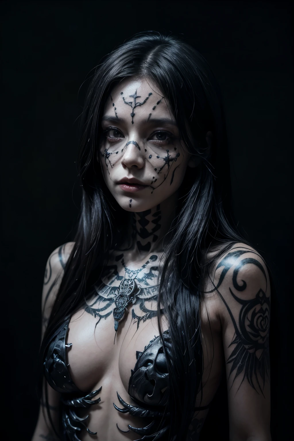 "[Beautiful Skeleton Queen] woman made of bones tattooed with Halloween related symbols in unique and dark colors, mysticism + coherent, mist, fog, finer drawing, macro, clear contours, surrealism volumetric soft light and black background, very dark”