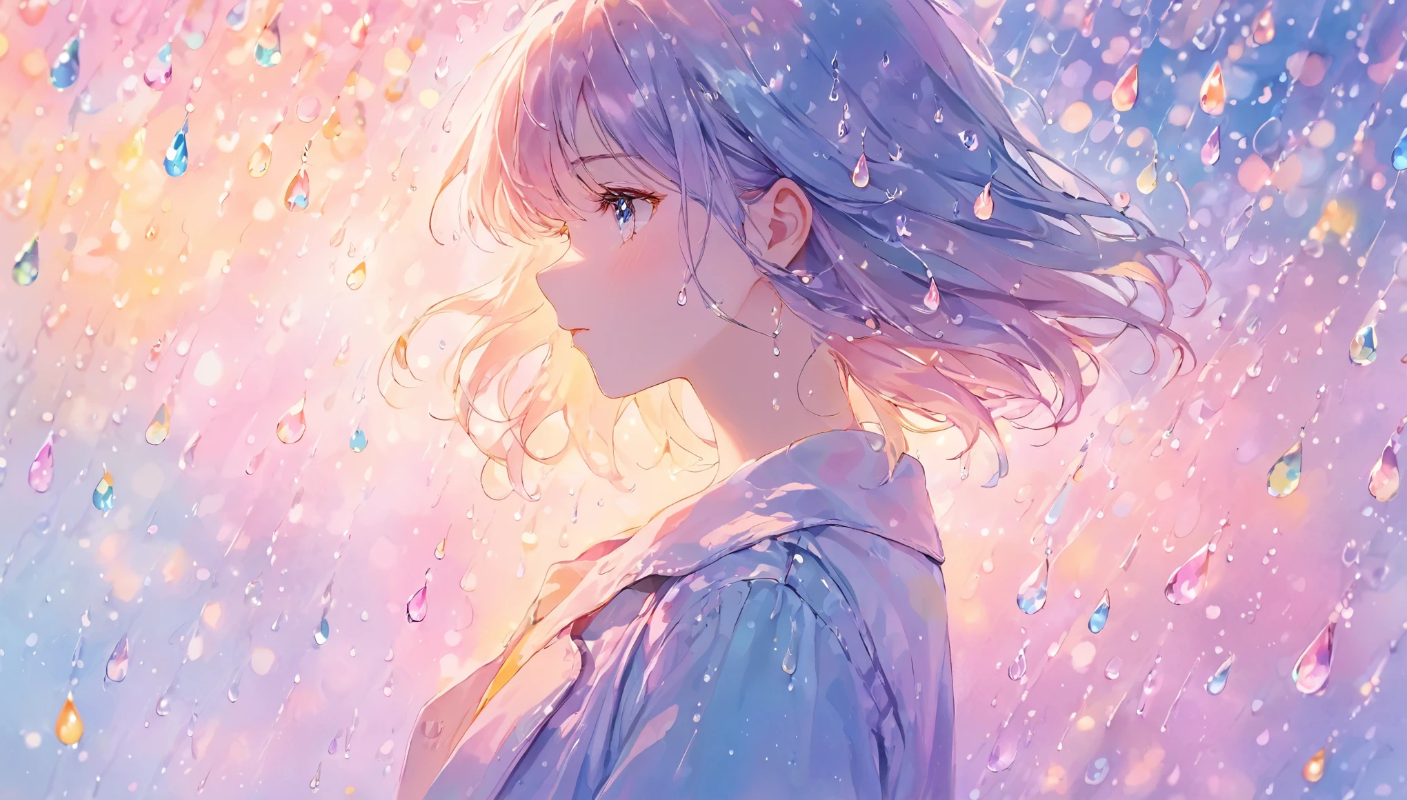 Bright design, pastel colour, Drops of ink, Spring lights, one person's