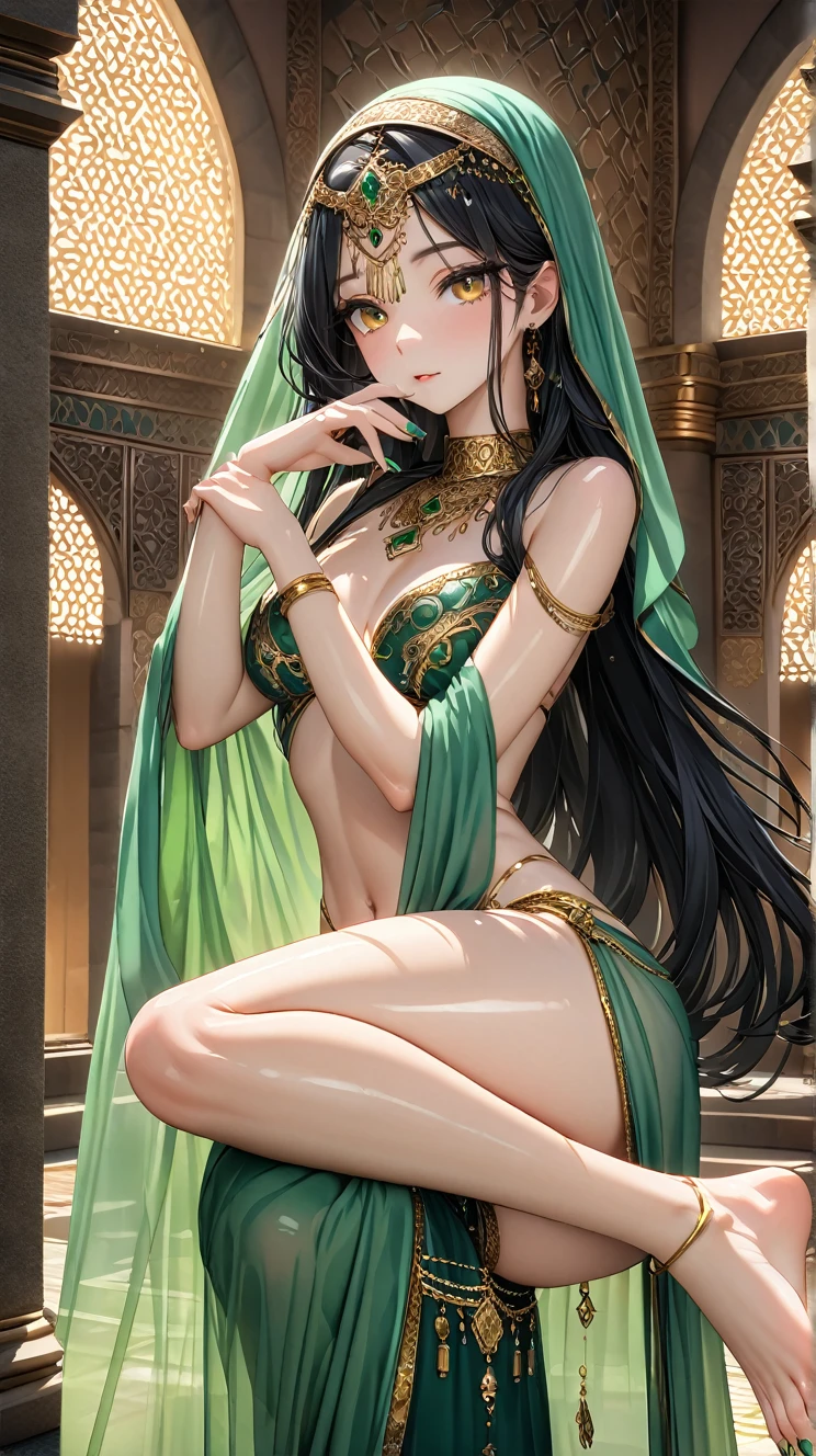 ((masterpiece)), ((Highest quality)), ((High resolution)), ((In detail)),((Highest quality, 8k, masterpiece)), A full-length depiction of a slender, beautiful woman of Middle Eastern descent.。Shiny long black hair、It is held together loosely with a gold clasp。Golden Eyes、Long eyelashes、The woman's eyes are upturned, giving her an air of elegance.。Dressed in a green Arabian outfit、With a translucent drapery、The glittering gold decoration shines。Green-toned nail polish is applied to the toes.。