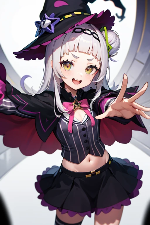 masterpiece, Highest quality, High resolution, Asion, One person, Long Hair, (Single hair bun:1.1), Short eyebrows, Small breasts, hair band, Witch Hat, Pink bow tie, Black capelet, pinstripe shirt, Long sleeve, abdomen, Black Skirt, mini skirt, Striped knee socks, Dilapidated, Cowboy Shot, Are standing, stage, smile, Open your mouth, Holding a microphone, Reaching out,