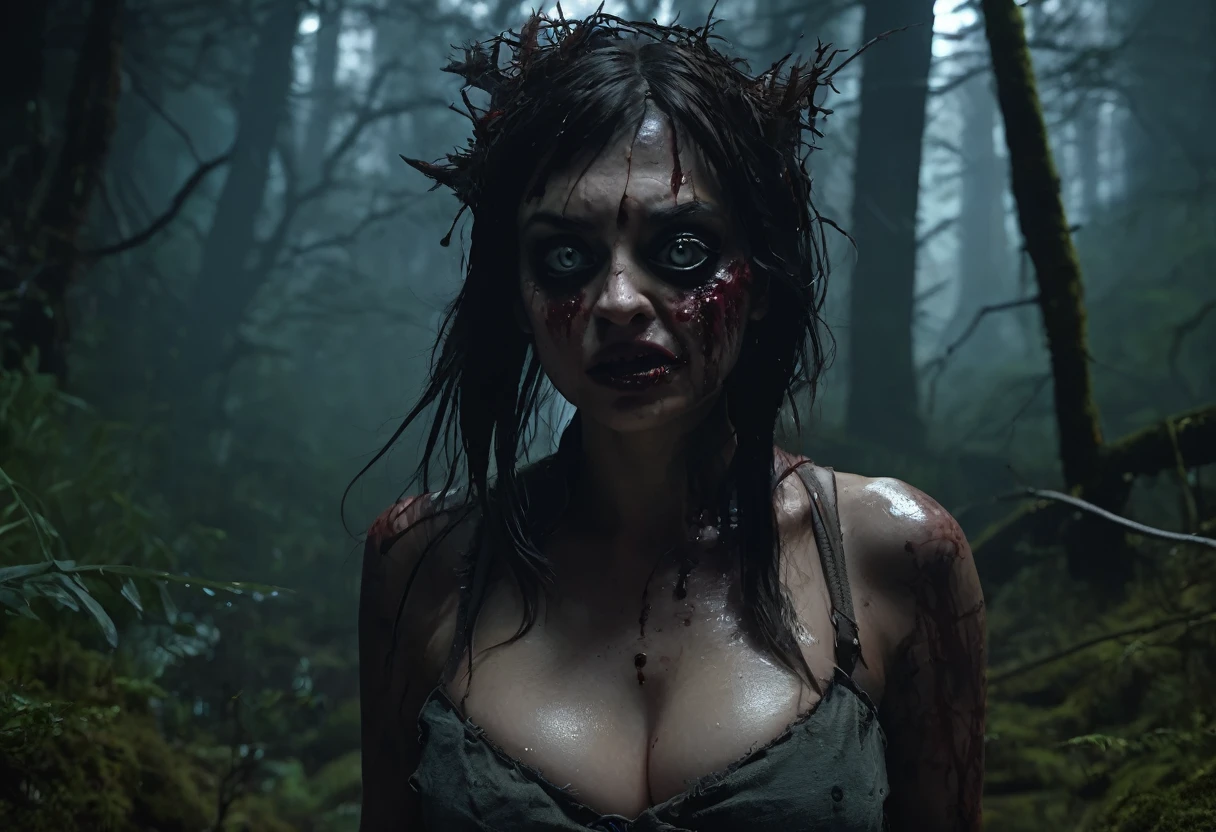 (horror) (damsel in distress) a pack of ravenous goblins with big eyes,small bodies,huge cannibal mouths (lots of jagged sharp teeth), chasing a scared human woman with big breasts,big butt,anglo features,tramp stamp tattoo,barefoot, battered and bloody, in a dark forest at night,(best quality,4k,8k,highres,masterpiece:1.2),ultra-detailed,(realistic,photorealistic,photo-realistic:1.37),dark fantasy,horror,surreal,chiaroscuro lighting,moody atmosphere,dramatic lighting (show all of her head to toe)
