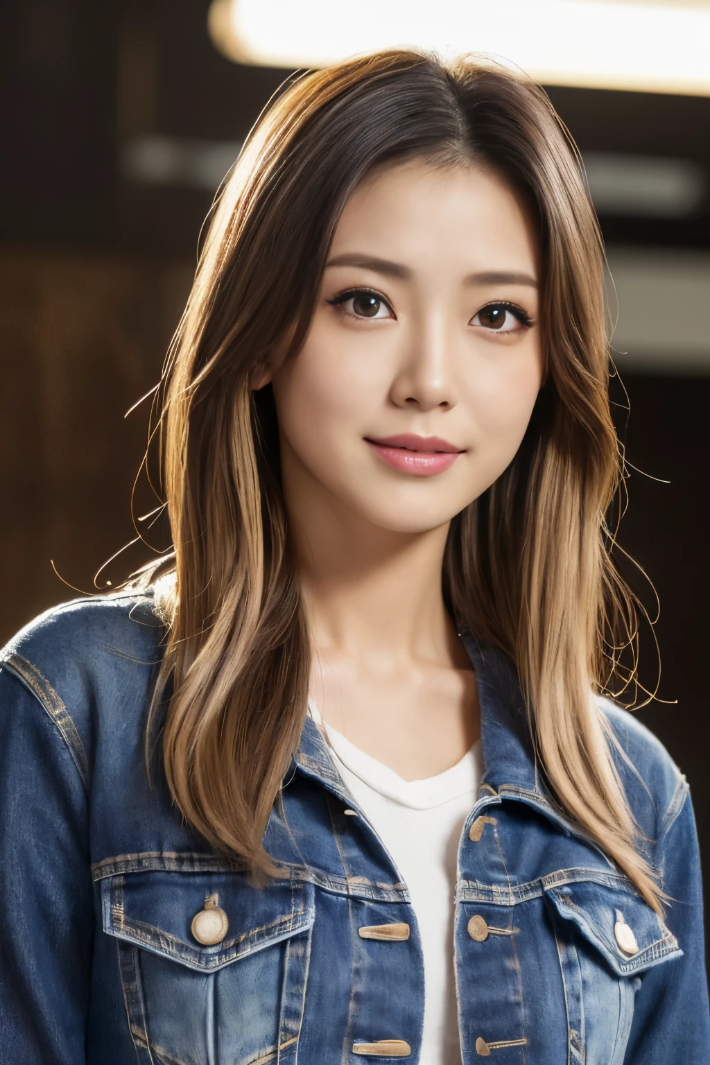 (masterpiece:1.2), Super detailed, Ultra-high resolution, (Realistic, photo Realistic:1.37), High-definition RAW color photos, Professional photos, Very delicate and beautiful, Very detailed, In detail, Large file size, Very detailed beautiful girl, Very detailed face, Very detailed eyes, Very detailed skin, Very detailed nose, Very detailed mouth, Perfect Anatomy, Very detailed background, Glowing Skin, (Famous Japanese actresses:1.5), (Improve), Flat Chest, View your viewers, whole body, (Dynamic pose:1.4), Dynamic Lighting, Denim jacket, Abdominal Peek, (Brown people, Dark Skin, bionde:1.3), (whole body:1.4), (Dotonbori;1.2),Fine skin,smile