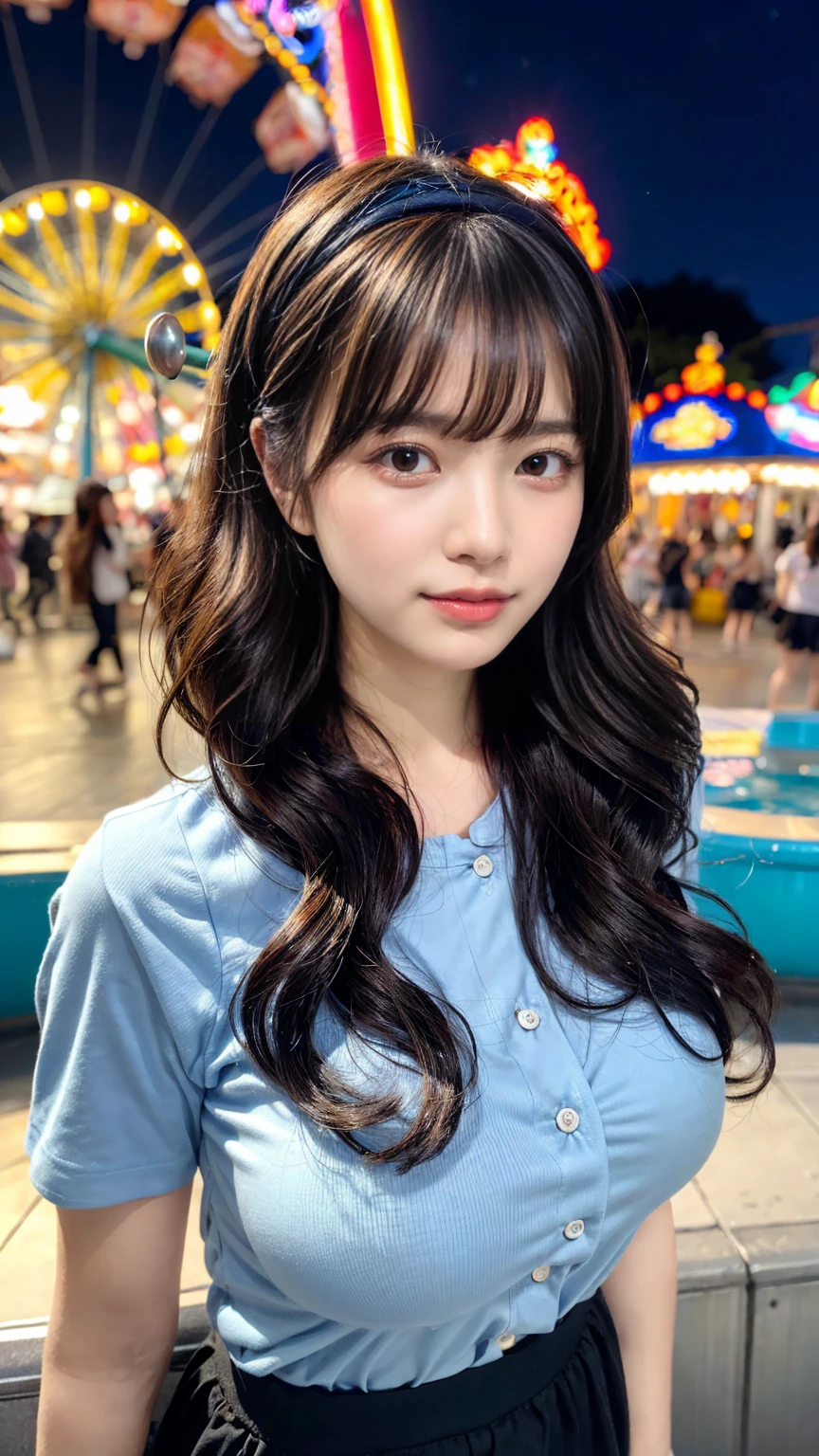 Female((35year old)), hair((wavy, long, black)), eyes((small eyes, black eyes)), clothes((shirts, blue, light blue pattern)), accessorieickey mouse hairband)), medium breast, korean make-up look, amusement park, fountain, ferris wheel,