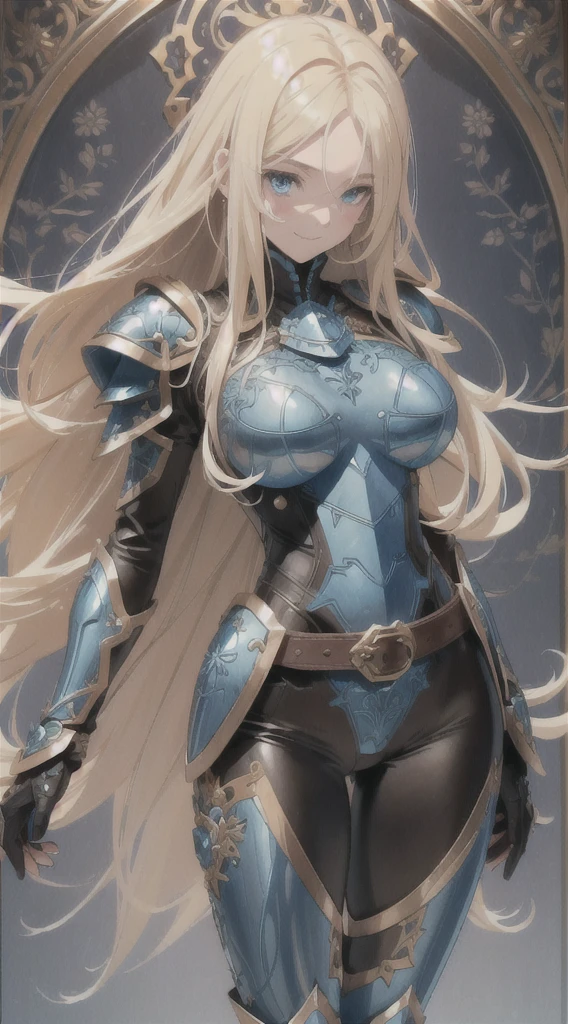 1 girl, Beautiful, Alone, Gorgeous detailed blue sky with fluffy clouds, (blush), (whole body: 1.1), (smile: 1.1), (shut up), big breasts, Beautiful and delicate blue eyes, (Tight blue armor with intricate engravings of leaves and flowers : 1.1), Golden metal pieces covering her shoulders and arms, Dark brown leather belt with metal buckles, tight leather pants, Brown leather boots, A cross adorns her chest, (long blonde hair: 1.2), flowing hair, high contrast, Proporciones de whole body, (astride, stretch the legs, thin legs), Chest closeup, full color