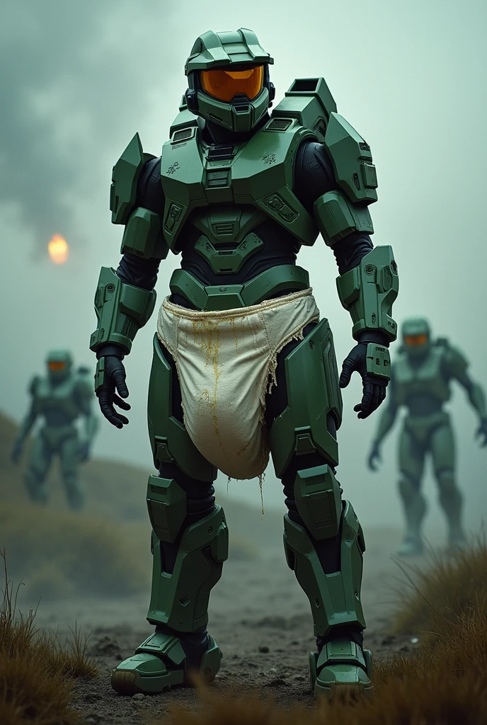 High quality, masterpiece, Master Chief from Scream wearing an poopy adult diaper