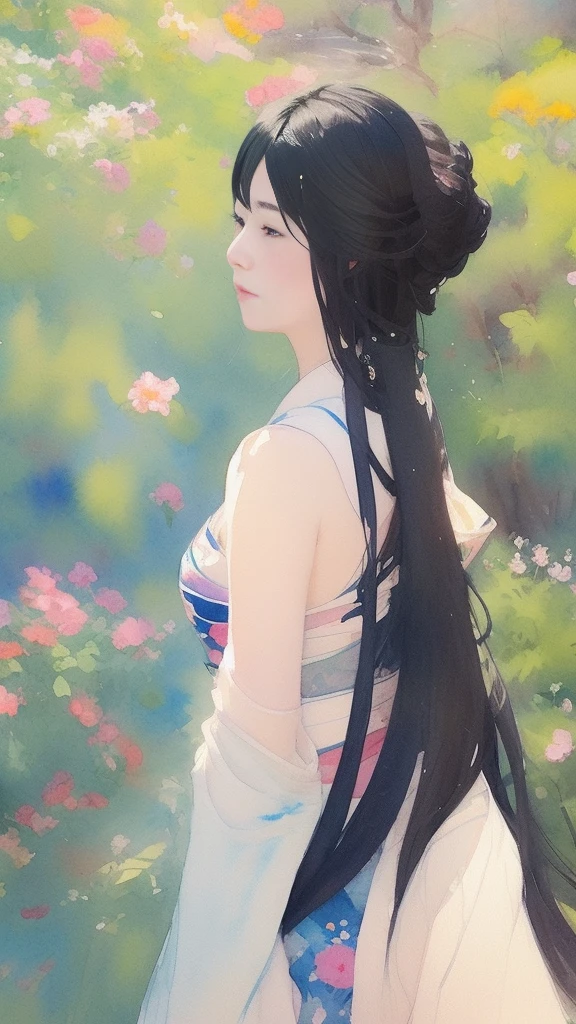 Beautiful adult woman, 22 years old、Watercolor、An illustration、A woman who captivates。Passionate color palette、Calm appearance、Dynamic pose、profile、Close-up of face、kimono、clear、Black Hair、Japanese、Upper Body、Masterpiece、Highest quality