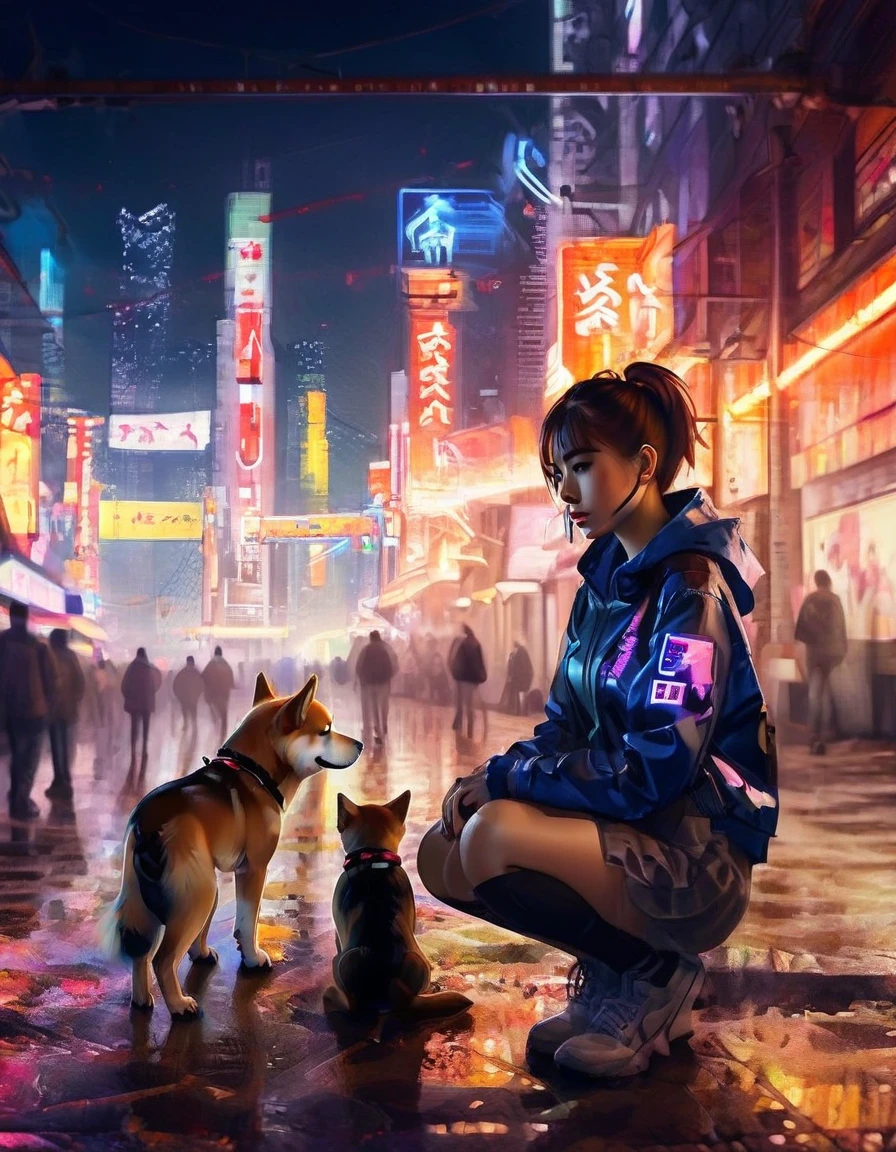 (Short-haired Shiba Inu),(best quality,high resolution,masterpiece:1.2),portrait,Practical，Xianxia，Cyberpunk，Interweaving of light and shadow.outdoor,high tech，City，Anthropomorphic，neon，Network Background，Girl and dog