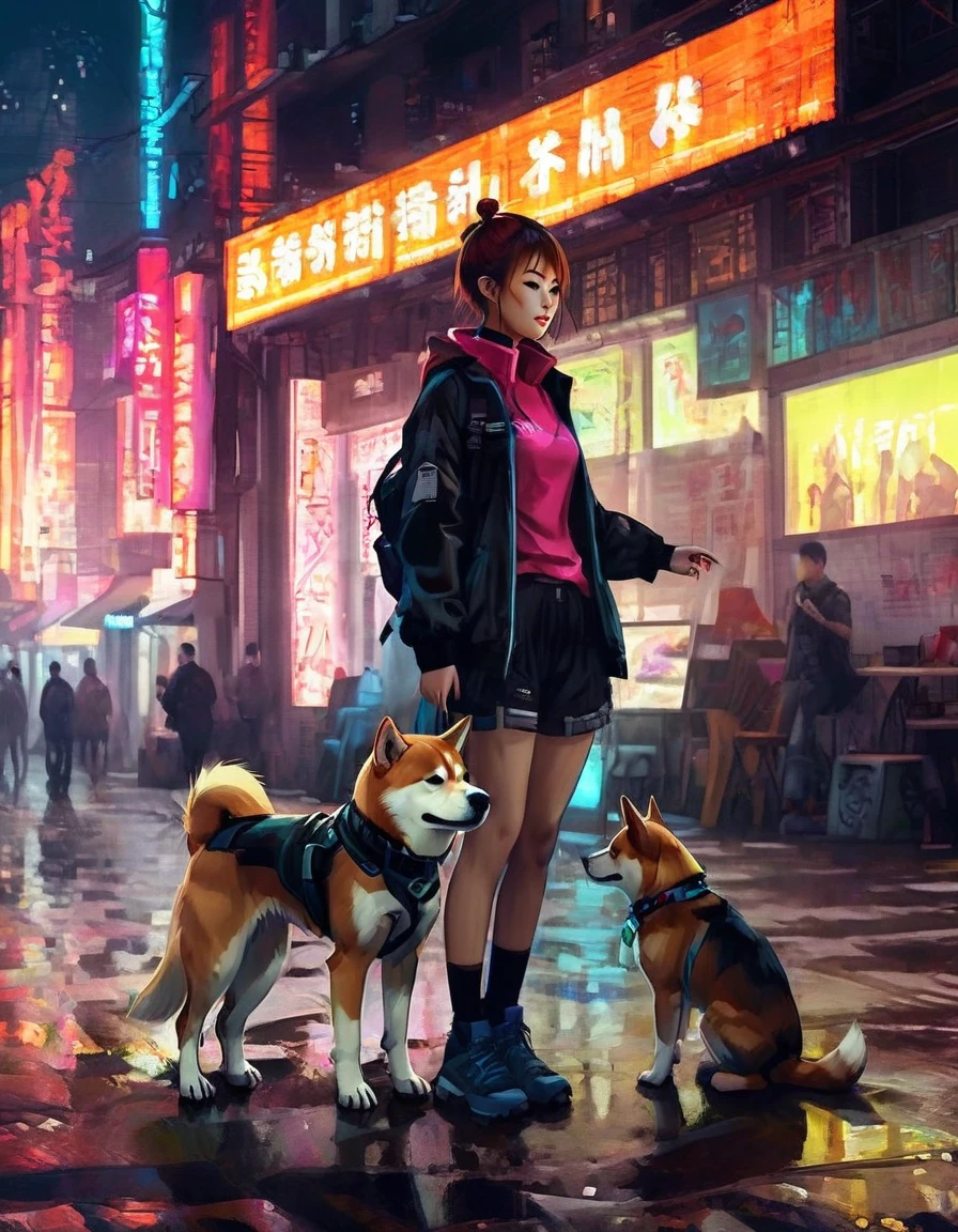 (Short-haired Shiba Inu),(best quality,high resolution,masterpiece:1.2),portrait,Practical，Xianxia，Cyberpunk，Interweaving of light and shadow.outdoor,high tech，City，Anthropomorphic，neon，Network Background，Girl and dog