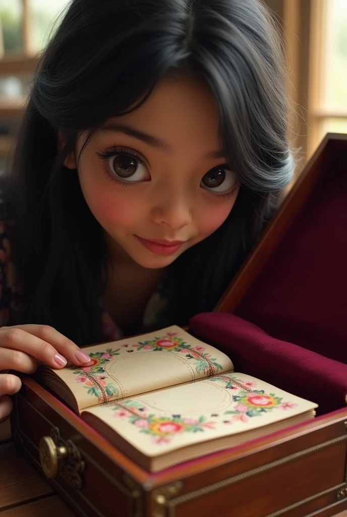 Image Prompt*: A close-up of a delicate diary inside the box, with Priya looking at it with curiosity.