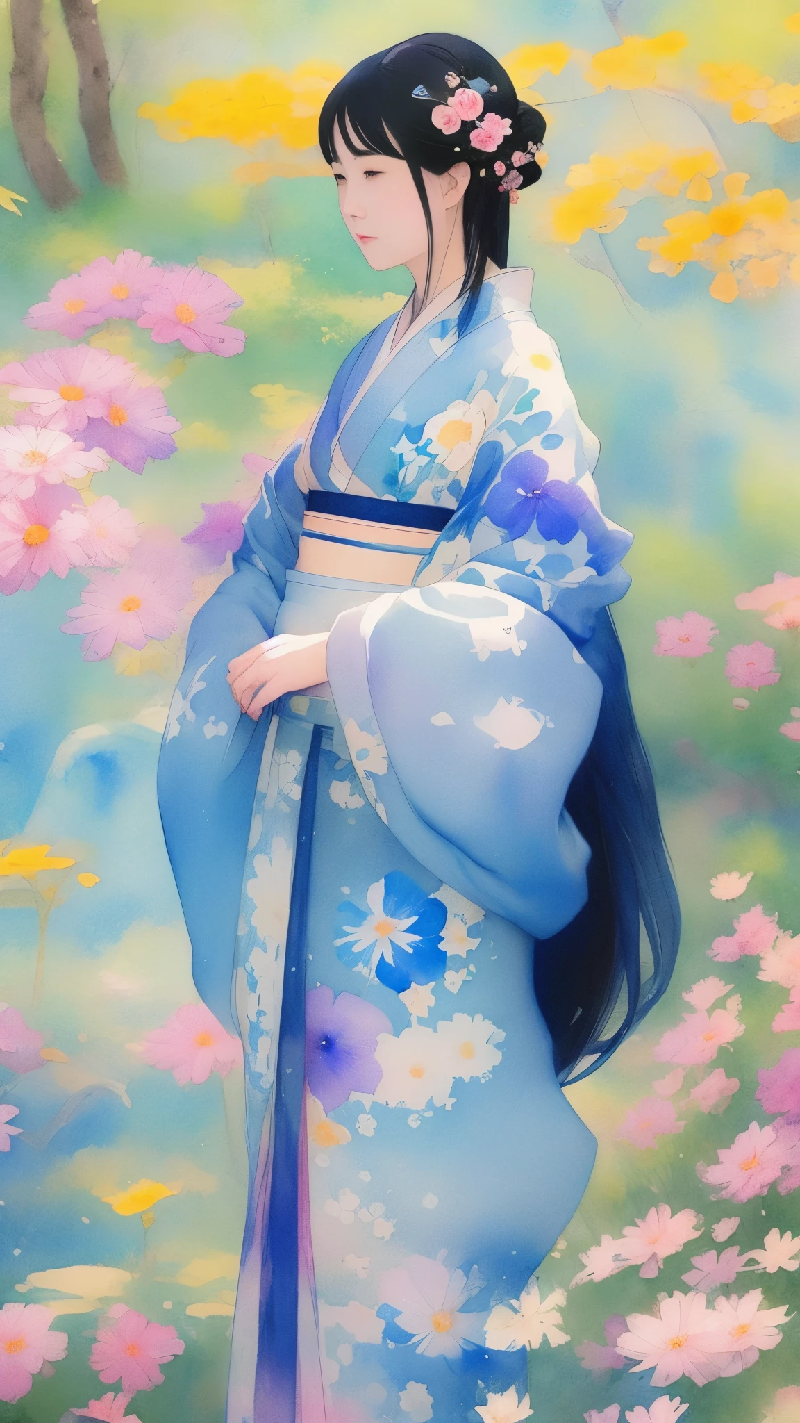 Beautiful adult woman, 22 years old、Watercolor、An illustration、Blue mandala flower、A woman who captivates。Passionate color palette、Calm appearance、Dynamic pose、Raise one hand、profile、Close-up of face、kimono、clear、Black Hair、Japanese、Upper Body、solo、One person、Masterpiece、Highest quality