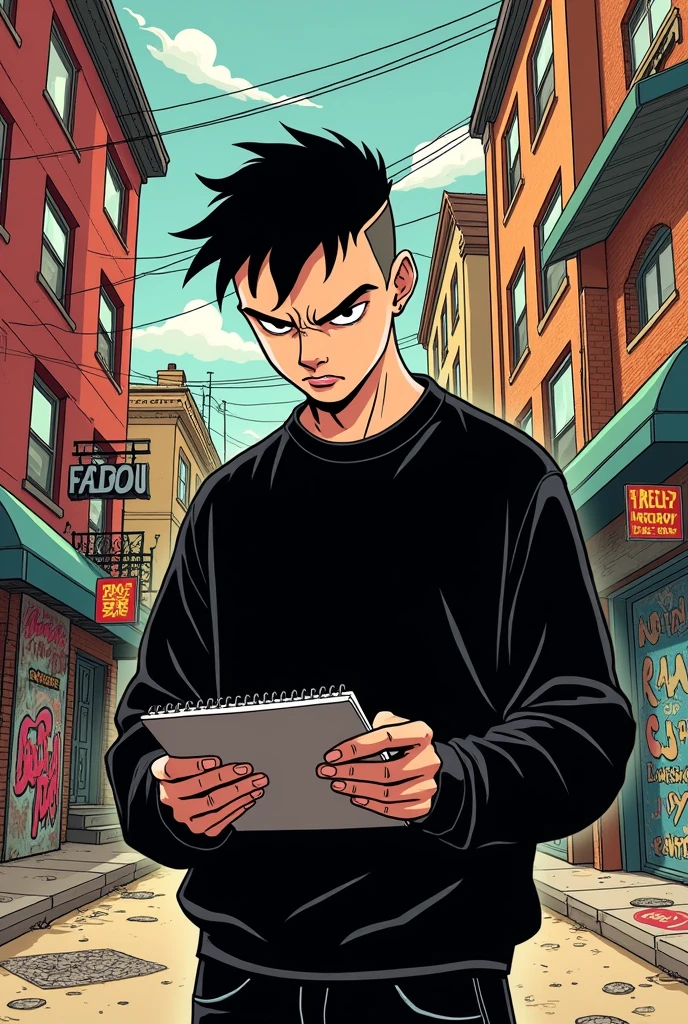Young man with a completely black sweatshirt, White man with a shaved head, black hair with an angry face and a split eyebrow, drawing in the style of Scott Pilgrim
