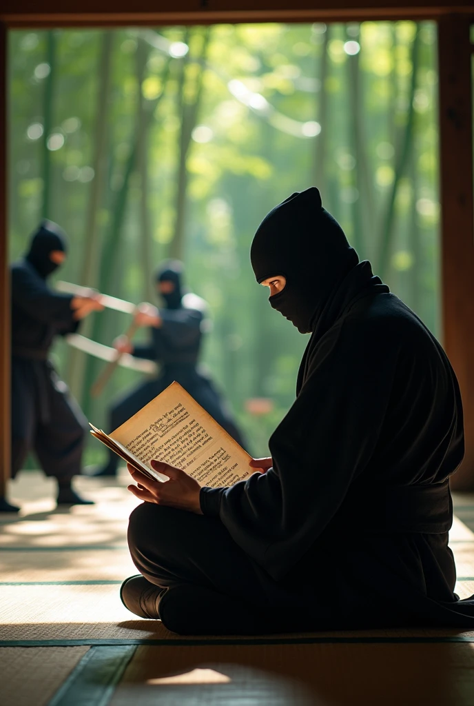 Japanese ninja in ninja uniform and cap studying while other ninjas are training in the background