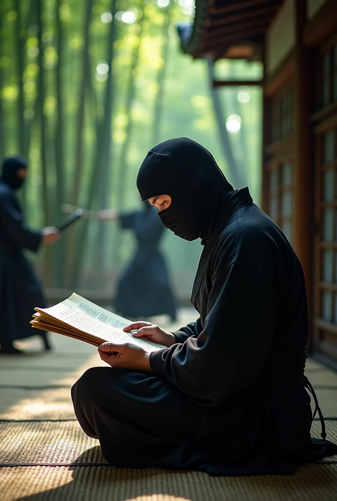 Japanese ninja in ninja uniform and cap studying while other ninjas are training in the background