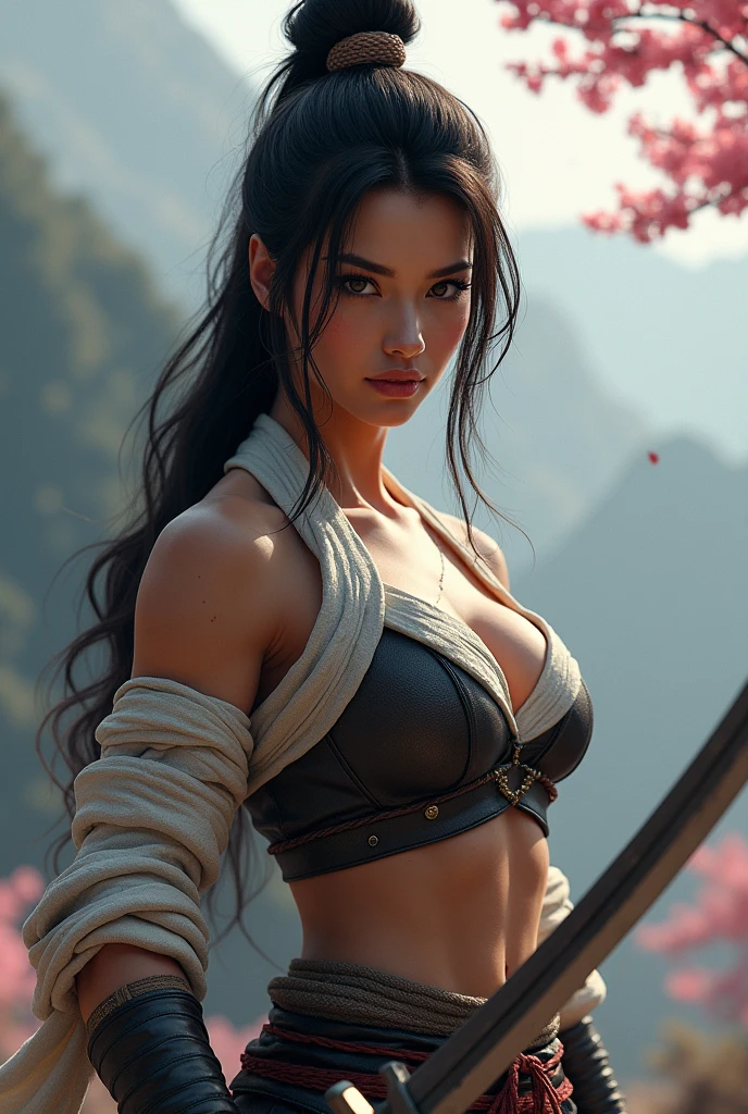 (RAW photo, best quality), (realistic, photo-realistic:1.3),best quality,highly detailed,masterpiece,ultra-detailed,illustration,chun_li_of_street_figther, nude,dynamic angle,world masterpiece theater,messy_long_hair,best quality,extremely detailed CG unity 8k wallpaper,ink,Amazing,cinematic lighting,lens_flare, dunhuang_style