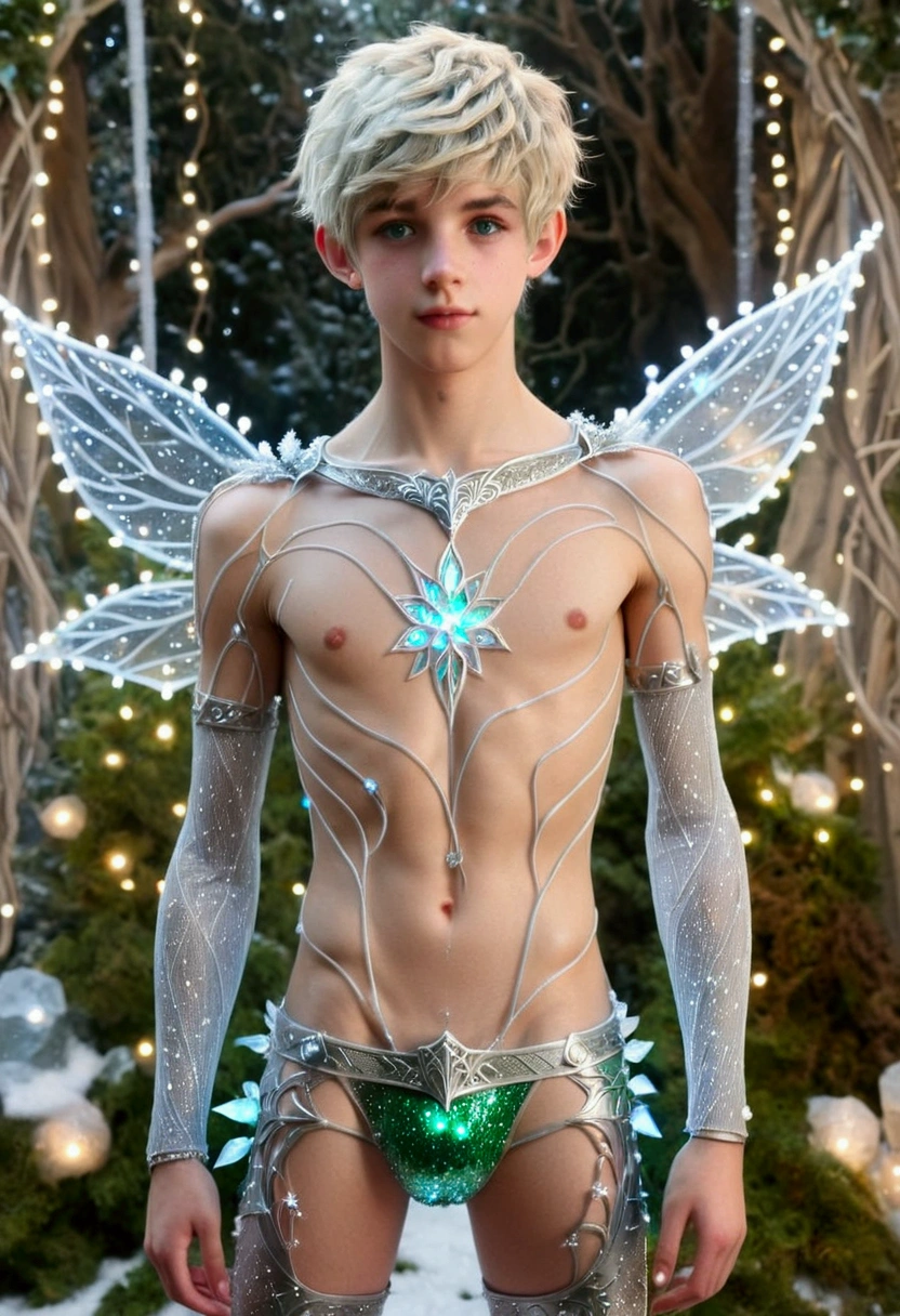 1boy, male, (adorable boyis face of twink 20-year-old actorMaxwell Jenkins.) , extremely cute round boyish face, ice spirit, swirling silver frost magic, green eyes, blonde hair, undercut punk hair, weak looking, sexy, skimpy, frost knight. Wearing Frost Armor loincloth. Fairy lights.