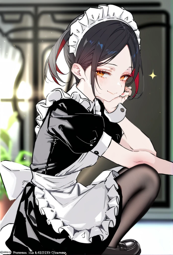1girl, (by pottsness:1.1), by ciloranko:1.1, (by omone_hokoma_agm:1.1), (z282g:1.3), ((absurdres, official art, masterpiece)), best aesthetic, best quality, ultra detailed, intricate details, glossy hair, moist skin, 18 years old, adult woman, medium breasts, blurry background, depth perception, solo, subject focus:1.1, perfect anatomy, hair behind ear, medium breasts, from side, full body, kneeling, squatting, looking at viewer, hand on own face, twintails, wavy hair, black hair, medium length, maid, white head dress, black loafers, smug smile, closed mouth, brown eyes, content expression, half-lidded eyes, mature_female, lustful body, half-closed eyes, adoring gaze, indoors, solo, light particles, solar flare, depth perception, alternate costume, white apron, frilled apron, puffy short sleeves, short sleeves, black dress, maid outfit