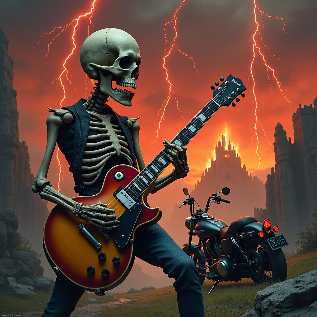 create the image of a full-length skull playing a les paul guitar smoking a cigarette next to a beautiful young woman leaning on a harley davidson motorcycle, with long black hair, with large breasts wearing a leather jacket. In the background, a city completely destroyed and on fire in a post-apocalyptic climate while lightning falls from the sky, creating a tone of complete chaos.