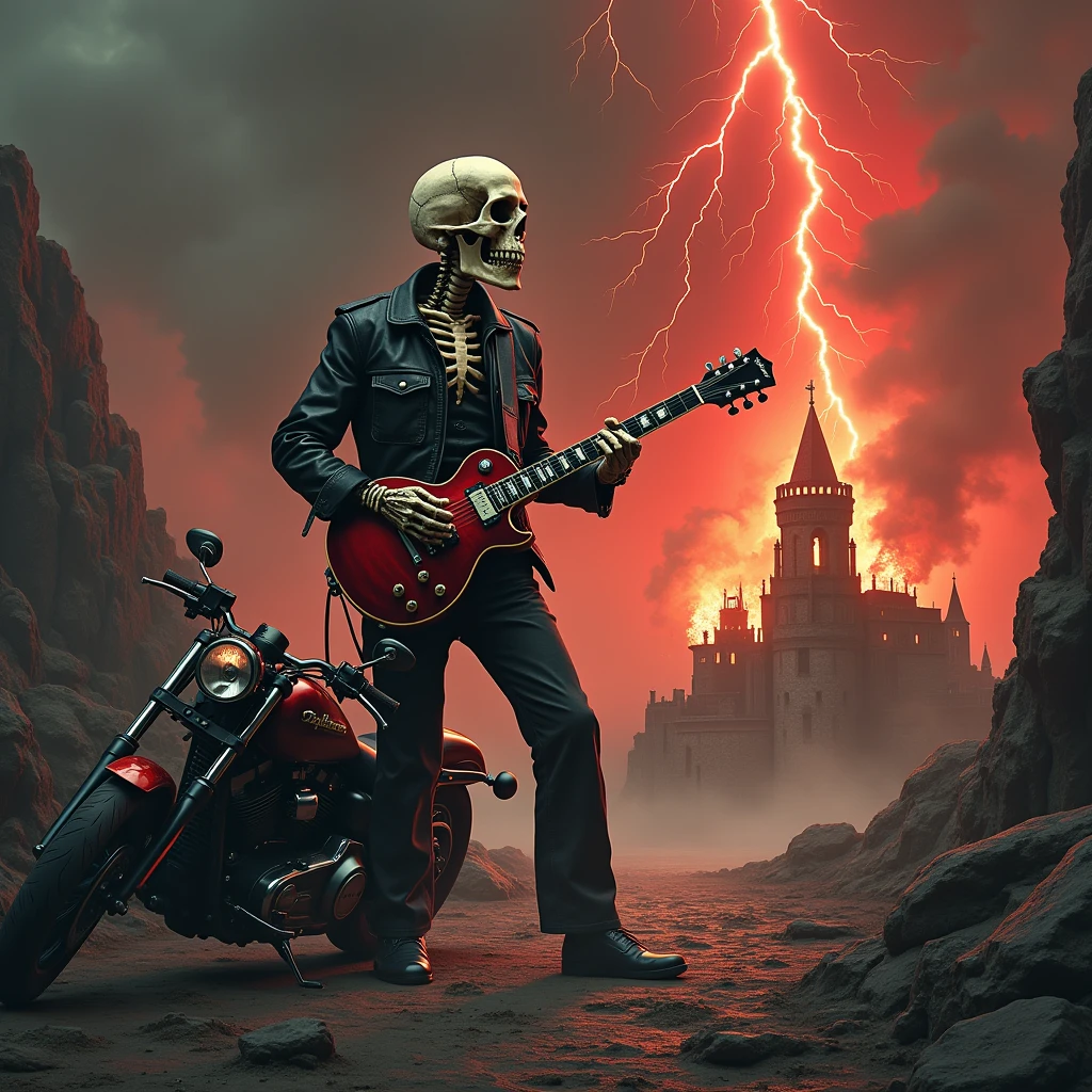 
create the image of a full-length skull playing a les paul guitar smoking a cigarette next to a beautiful young woman leaning on a harley davidson motorcycle, with long black hair, with large breasts wearing a leather jacket. In the background, a city completely destroyed and on fire in a post-apocalyptic climate while lightning falls from the sky, creating a tone of complete chaos.