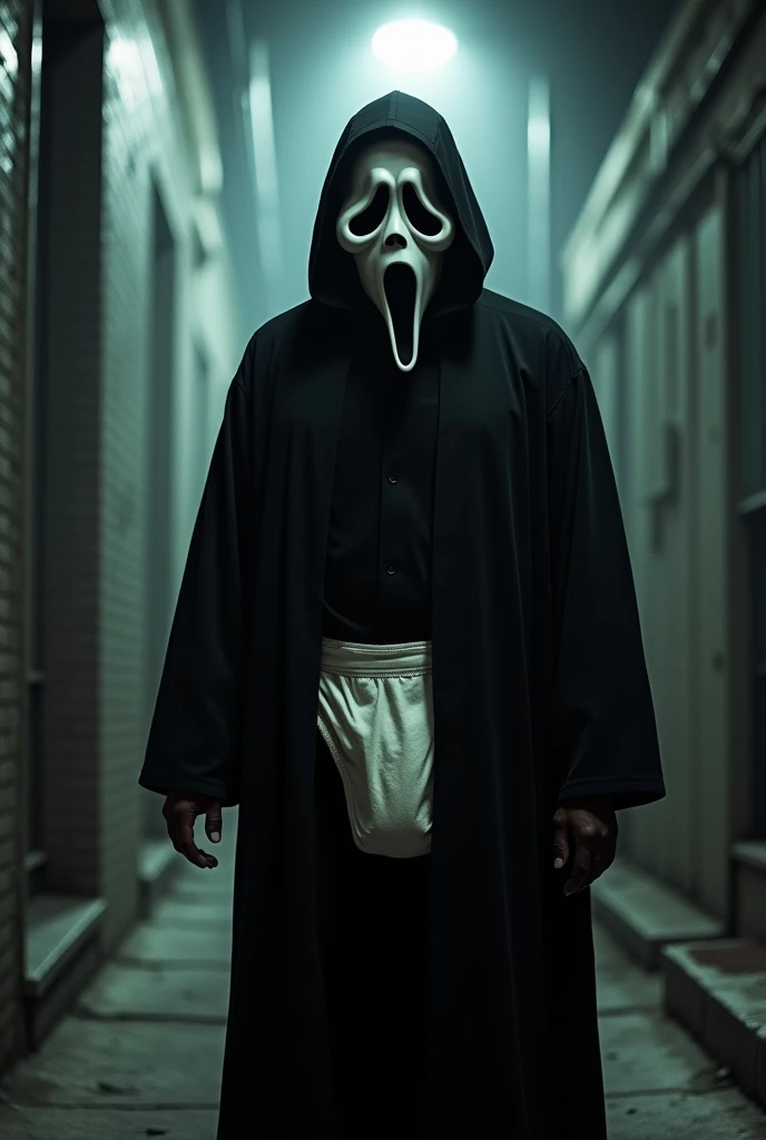 High quality, masterpiece, Ghostface from Scream wearing an poopy adult diaper under his robe