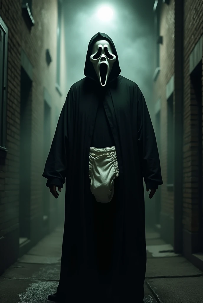 High quality, masterpiece, Ghostface from Scream wearing an poopy adult diaper under his robe