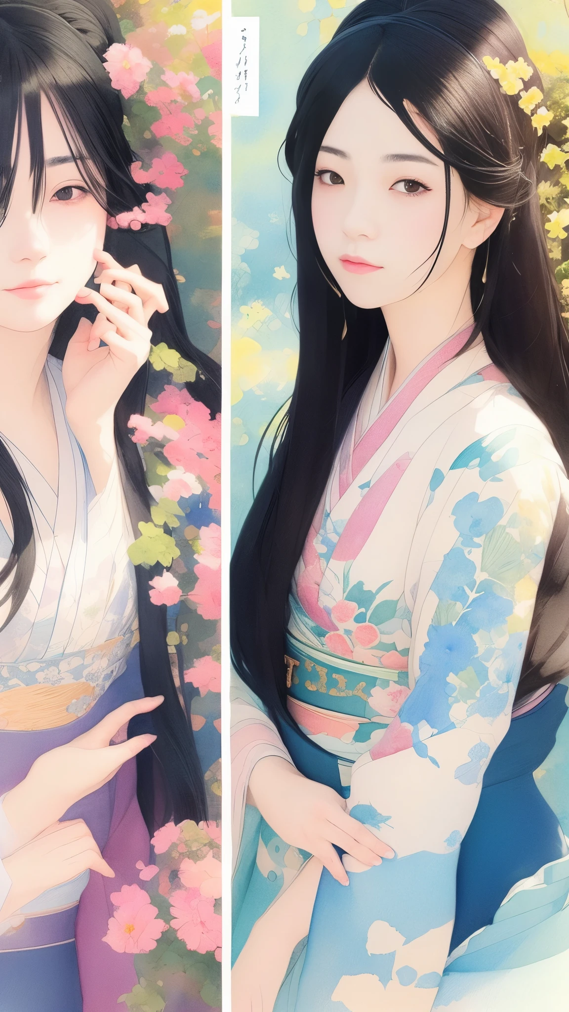Beautiful adult woman, 22 years old、Watercolor、An illustration、A woman who captivates。Passionate color palette、Calm appearance、Dynamic pose、profile、Close-up of face、kimono、clear、Black Hair、Japanese、Upper Body、Masterpiece、Highest quality