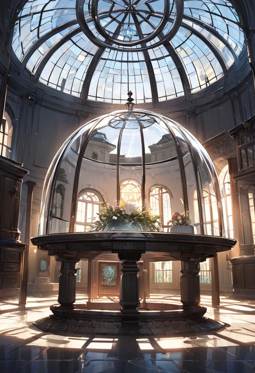 A clear glass dome, strong light inside the dome, stone table, indoors, window background, glass dome, strong bright light,