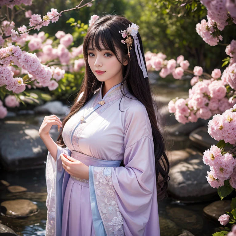 best quality, Delicate face，beautiful visual work, lifelike, eternity, black hair, Long curly hair, blunt bangs, Smile, Detailed Background, Delicate face，blush，cold，((masterpiece))、(top quality)、8k、high detail、Super detailed，31 years old female，Wearing Tang Dynasty Hanfu、waist skirt, Clothes are light and fluffy，Hanfu, wide sleeves, Transparent sleeves, Tunic, Clothes made of chiffon, Seductive and whimsical style、masterpiece、born、Scenes resembling fairy tale illustrations、Intricate details and complex designs、Beautifully、magic、capricious、 Beautifully、Dream aesthetics、「𝓡𝓸𝓶𝓪𝓷𝓽𝓲𝓬、ethereal、charming、fickle、magic」、Realism、Visual effects、FXAA、SSAO、Shaders、voiceless、ambient lighting、Tone mapping、High resolution、Ultra high quality、Million pixels、(8K resolution:1.10)、8k、Below 8K、8K resolution、high detail、intricate details， (high quality:1.2、masterpiece:1.2、:1.21)、(31 years old female:1.21)、(Smile excitedly)、(full-body shot，Normal 2 feet，Put your hands behind you，The protrusion of the breast is visible when wearing clothes, Large Breasts, H cup chest, antiquity, Xian Xia, gauze clothes, Soft and fluttering, Fairy, dream, fantasy, light, elegant, nature, Immortal, romantic, classical, ribbon, light purple clothes, By the stream