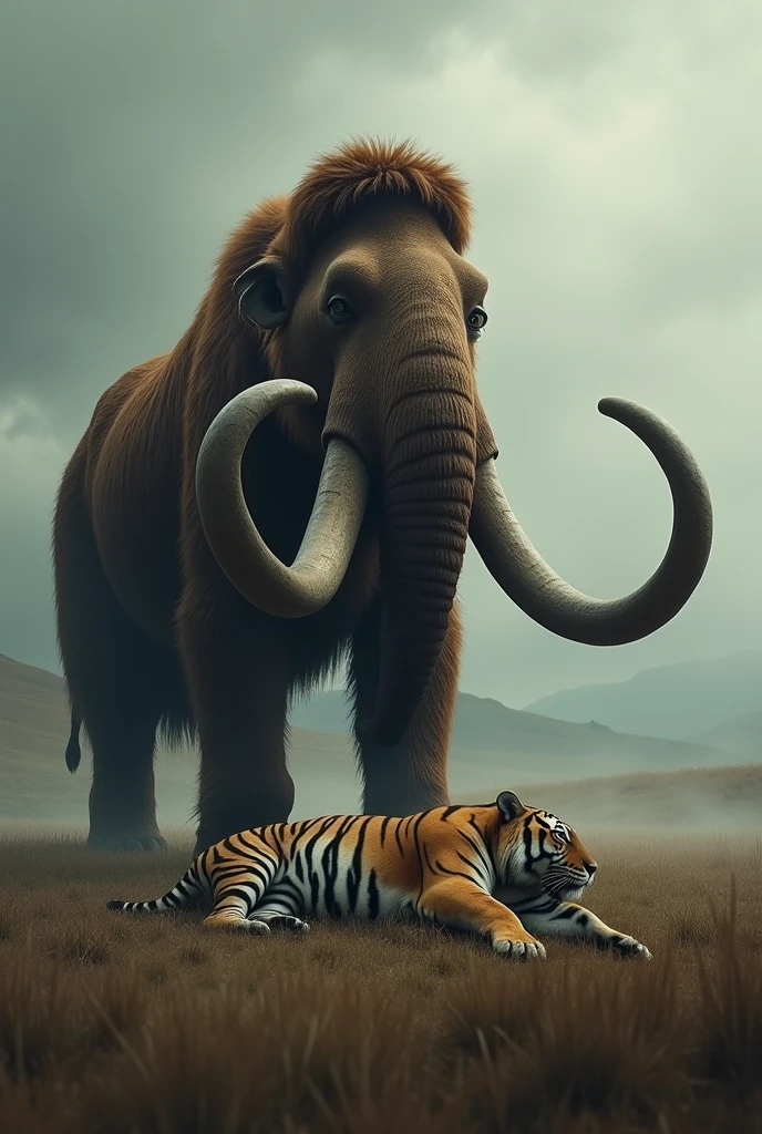 "A dramatic and highly realistic scene depicting a massive woolly mammoth with large, curved tusks standing dominantly over a fallen tiger animal. The mammoth is covered in thick brown fur, with a majestic and ancient appearance. The landscape is a misty, open field with distant hills, under a cloudy sky that gives a sense of tension. The lighting creates a powerful contrast, highlighting the mammoth's size and the intensity of the scene. The overall mood is both epic and somber, capturing the prehistoric world in great detail."